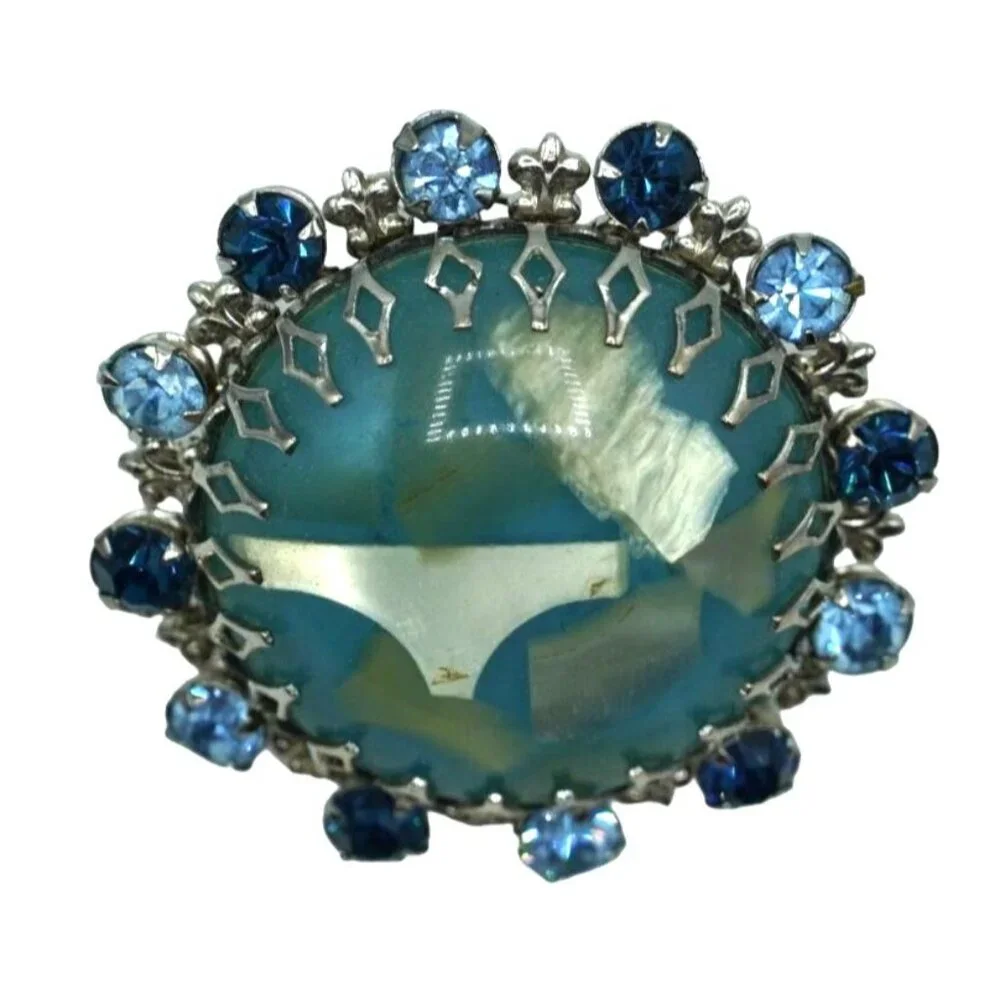 Vintage Rhinestone Set Confetti Lucite Brooch Earrings Blue Green Fleur de Lis C